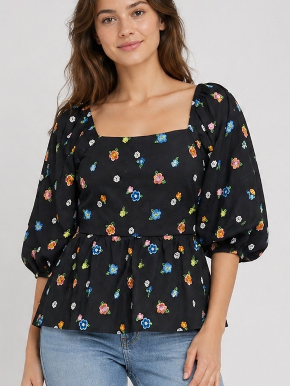 Versona Floral Embroidery Puff-Sleeve Womens Blouse Size S Multicolor